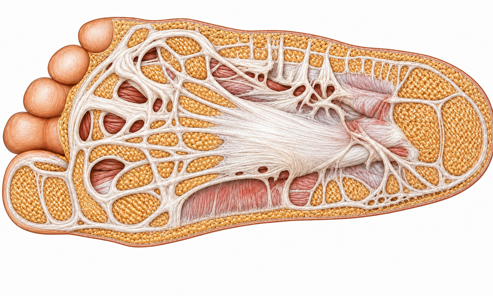 Detailed anatomical illustration of the human foot sole showing plantar fascia, ligaments, and adipose tissue.