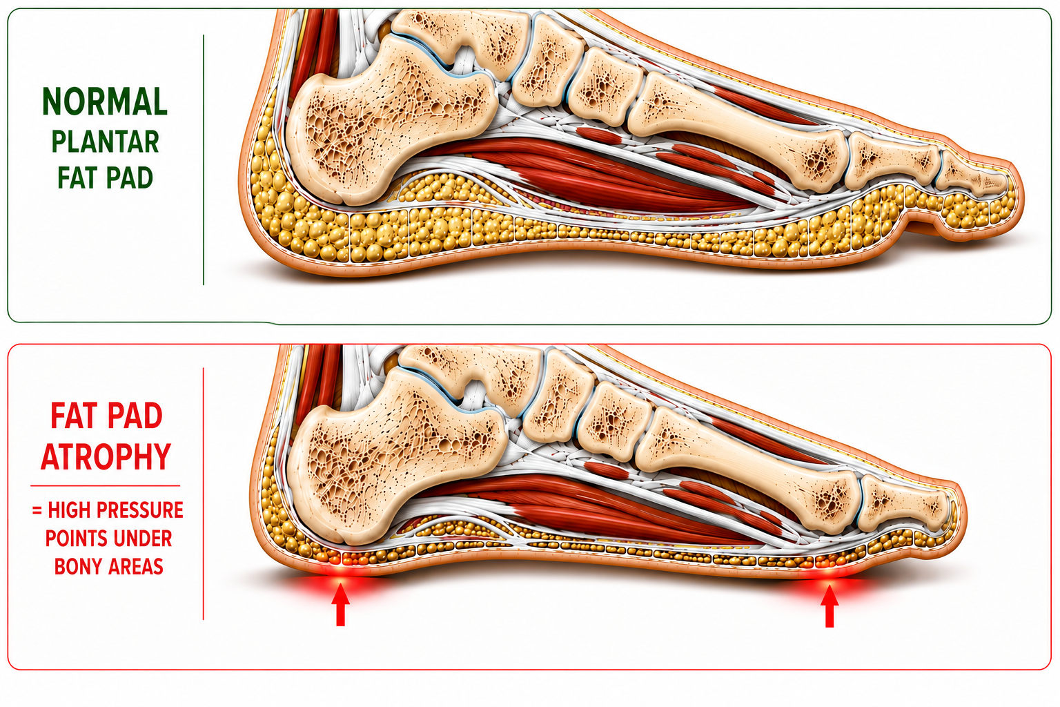 Diagram comparing normal plantar fat pad with fat pad atrophy causing high pressure under foot bones.